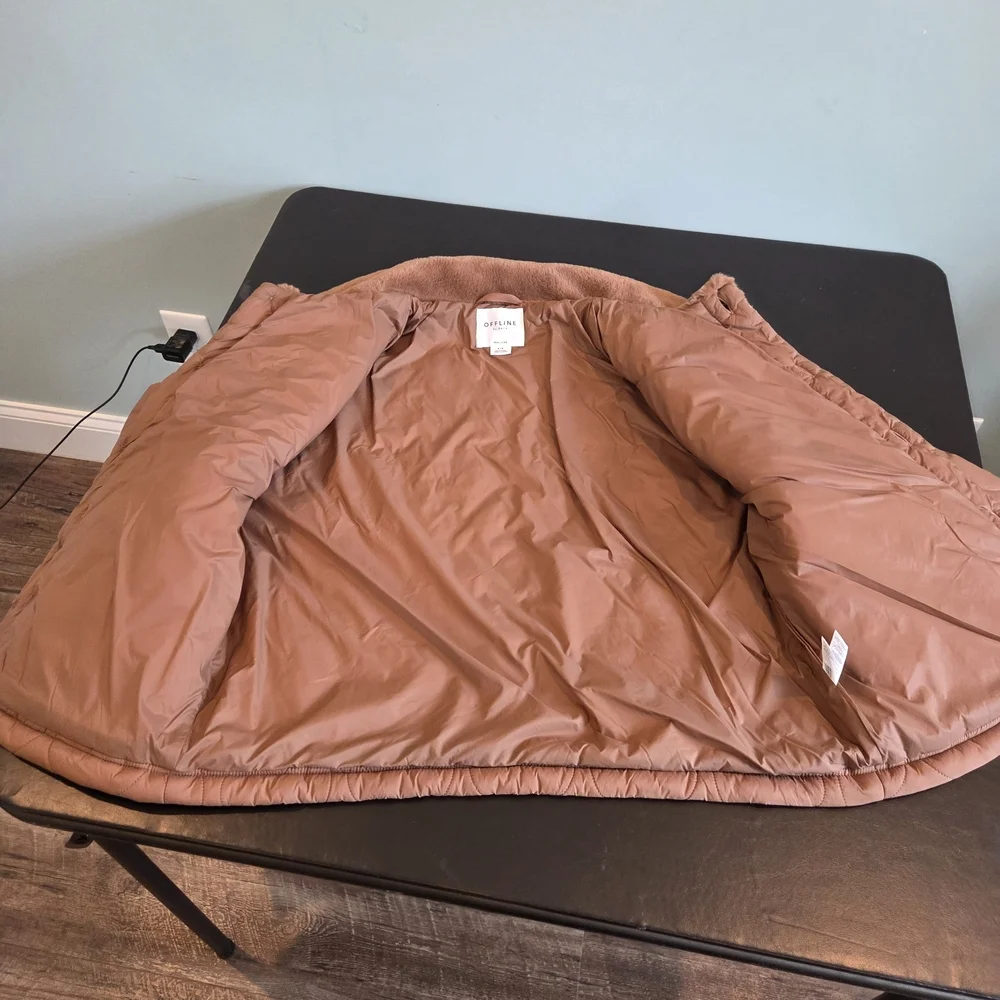 OFFLINE by Aerie Real Luxe Quilted Puffer Jacket Faux Fur Collar Brown Small - Picture 9 of 12